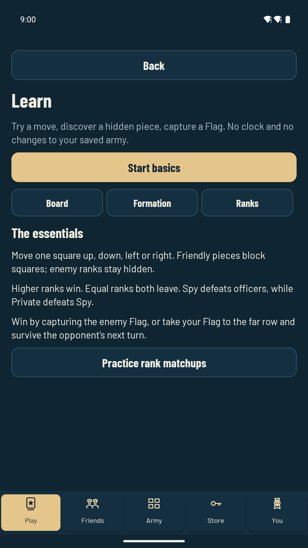 Henerals Learn on a phone, with board, formation and rank lessons and an optional guided start